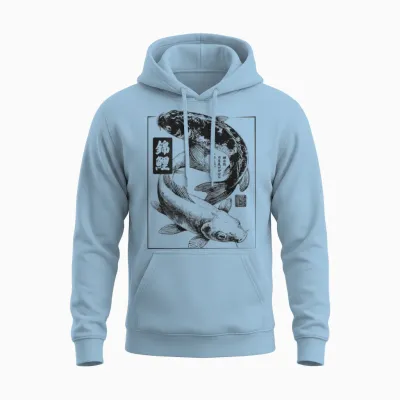 Vintage Japanisches Haiku Yin Und Yang Karpfen Fisch Koi Unisex Hoodie - Light Blue