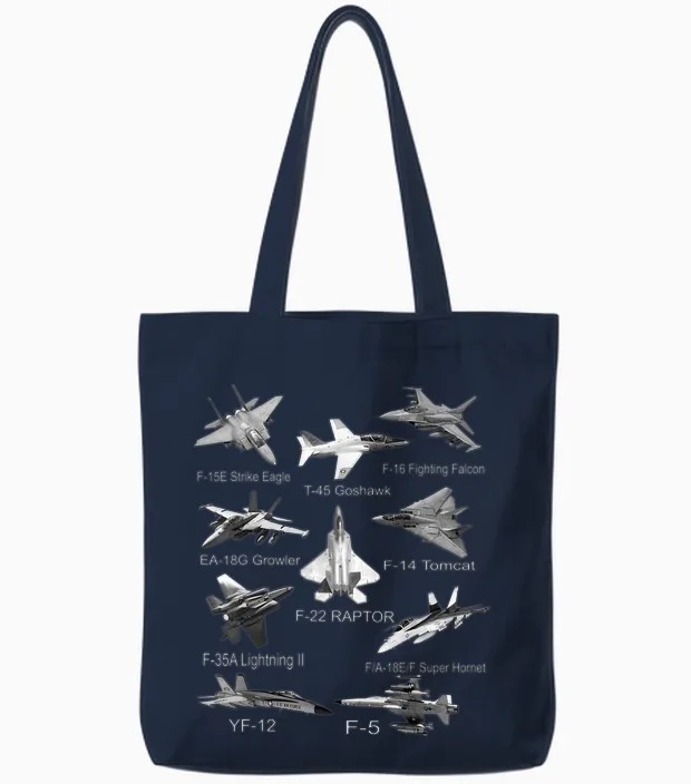 American Fighters Jets F22 Raptor F14 Tomcat Plane Spotting T-Shirt Small Tote Bags in Navy