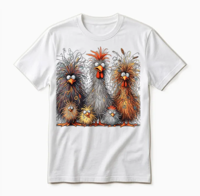 Eagerlys Colorful Funny Chicken Art, Crazy Chicken Family Unisex T-Shirt in White