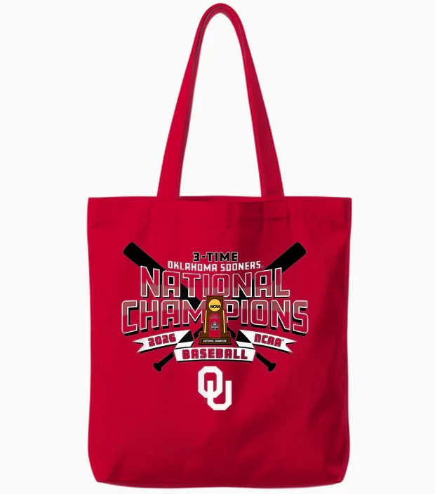 Oklahoma Sooners National Champs 2026 Baseball Cws Trophy Tote Bags in Red