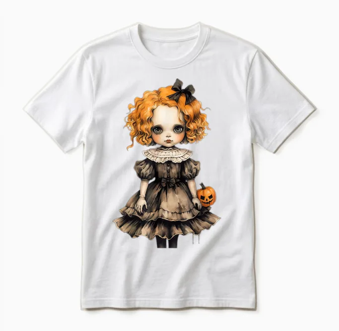 Poupée Rousse Hantée Ginger Doll Halloween Effrayante Gothique Poupée Unisex T-Shirt in White