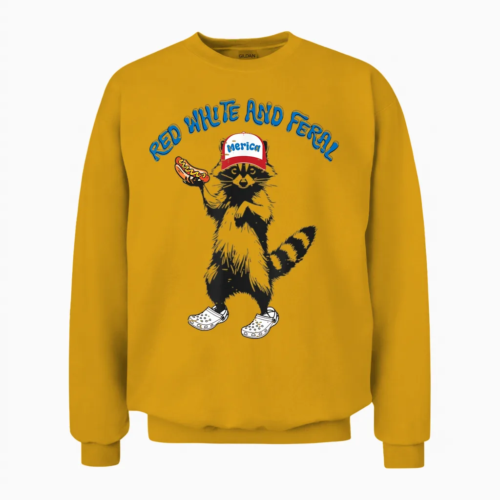 Funny Raccoon 4th of July Patriotic Cute Red White and Feral Unisex Sweatshirt in Gold