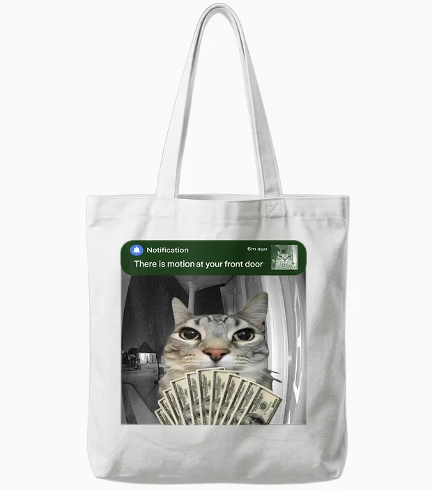There Is Motion at Your Front Door Funny Cat Motion Meme Tote Bags in White