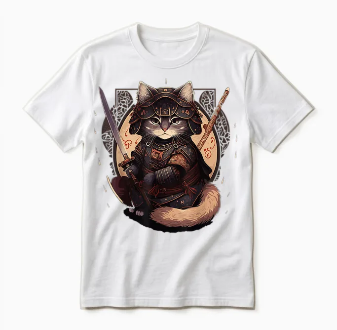 Samurai Cat Warrior Japanische Ninja Katze Kawaii Unisex T-Shirt in White