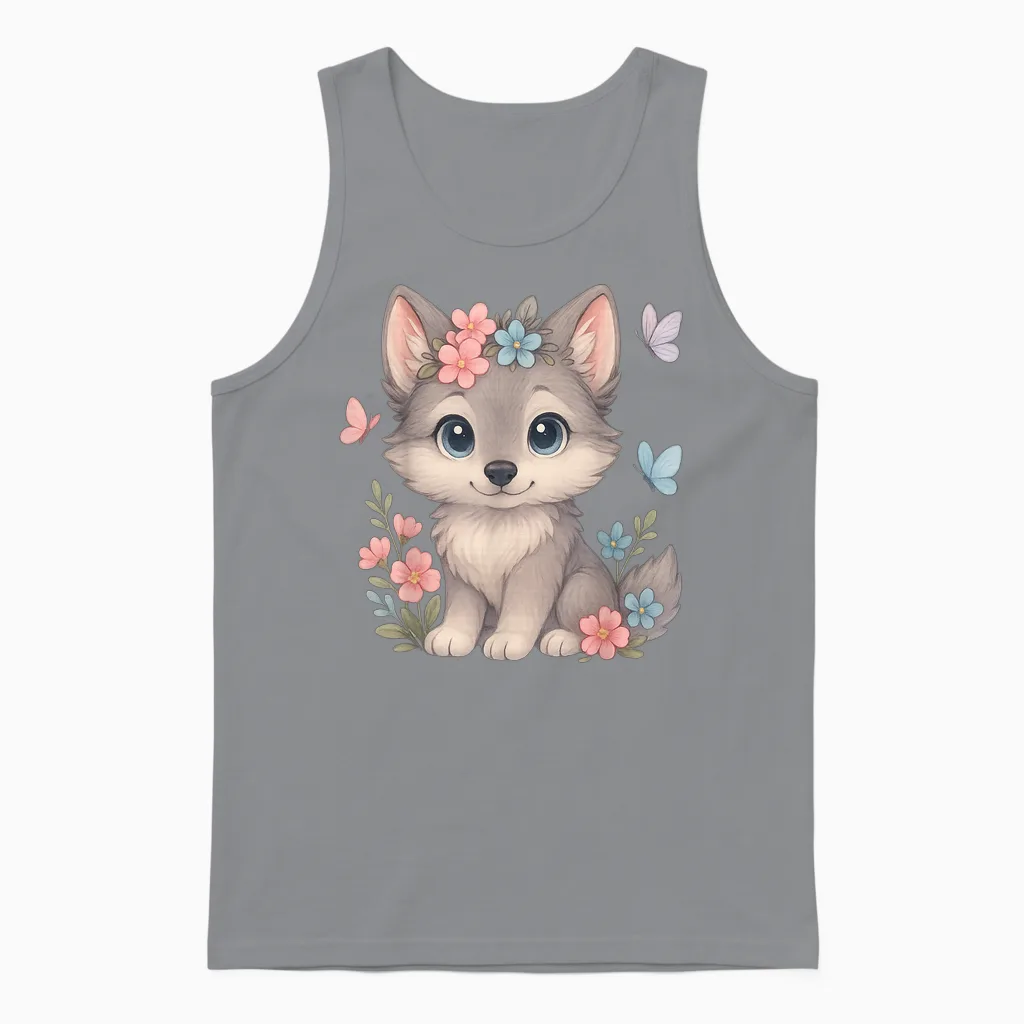 Cute Baby Wolf with Flowers Sakura Floral I Kids Wolf Women Unisex Tank Top in Sport Grey