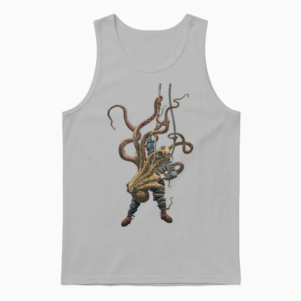 Vintage Diver Struggling with a Giant Octopus Urm Unisex Tank Top in Ash