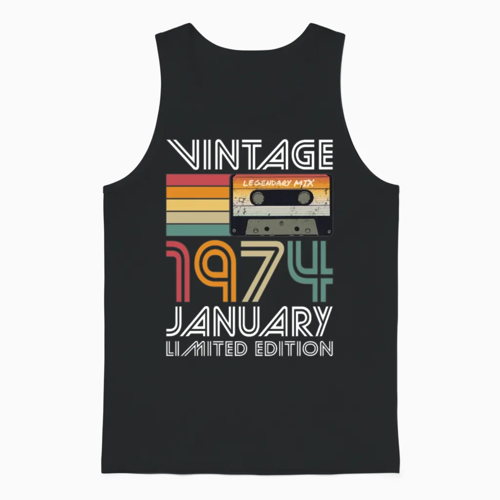 50th Birthday Vintage January 1974 Limited Edition Unisex Tank Top in Black