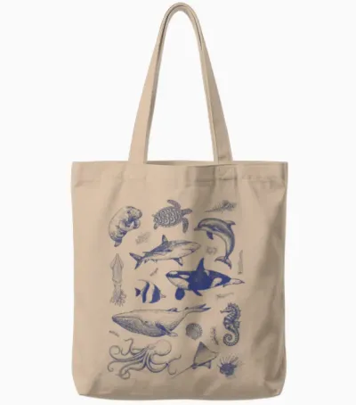 Ocean Wildlife Vintage Shark Turtle Octopus Graphic Tees Tote Bags - Natural
