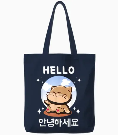 Annyeonghaseyo Kawaii Cat Says Hello Hangul Korean T-Shirt, Black, S Tote Bags - Navy