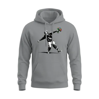 Banksy Protester Throwing Flowers Unisex Hoodie - Sport Grey