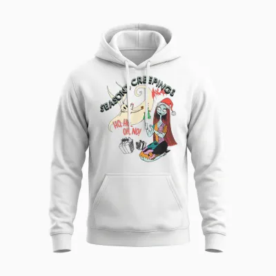 Amazon Essentials Men's Nightmare Before Christmas Sally and Zero Season’s Creepings T-Shirt, Grey Graphic Print, Small Unisex Hoodie - White