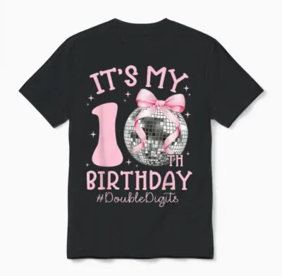 It's My 10th Birthday Girl Double Digits Bow Disco Ball Unisex T-Shirt - Black