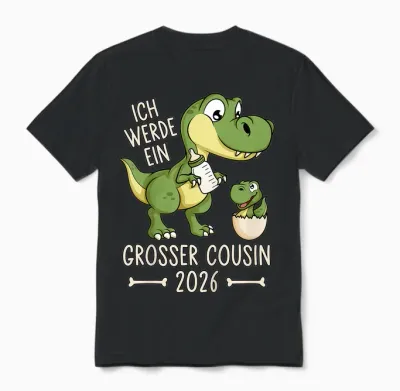 Children's Dinosaur Baby Dino I Will Be a Big Cousin 2026 T-Shirt, Black, S Unisex T-Shirt - Black