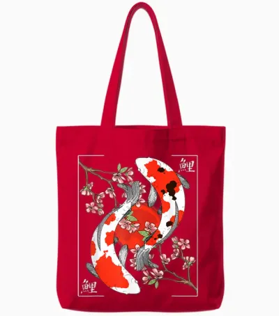 Japanese Koi Carp Nishikigoi Koi Japan Cherry Blossom T-Shirt, Black Tote Bags - Red