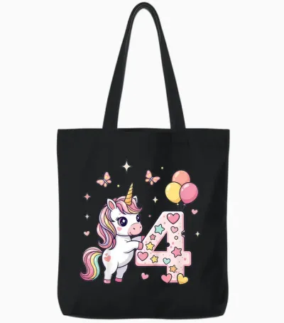 Kids Cute Unicorn 4th Birthday Party Outfit for Girls 4 Years Old Tote Bags - Black