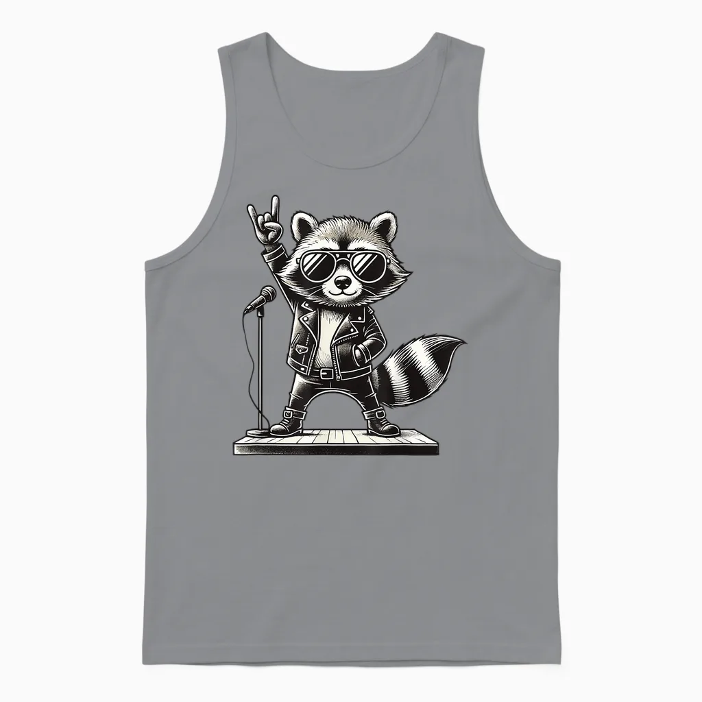 Rock Music & Rocker, Rock Hand, Kids & Boys, Funny Raccoon T-Shirt, Black, S Unisex Tank Top in Sport Grey