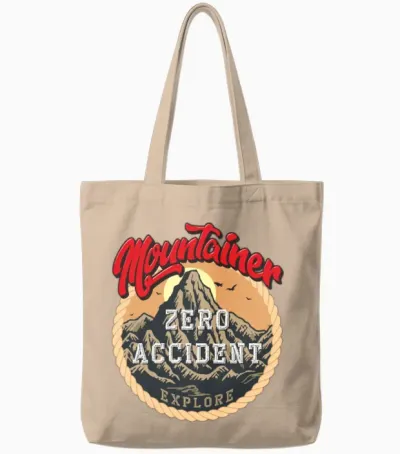 Zero Accident Mountain Explore Badge Tote Bags - Natural
