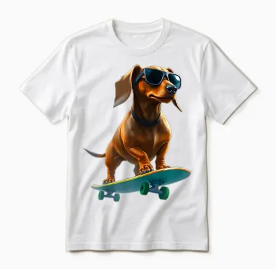 Badger on Skateboard - Funny Dog T-Shirt, Black, S Unisex T-Shirt - White