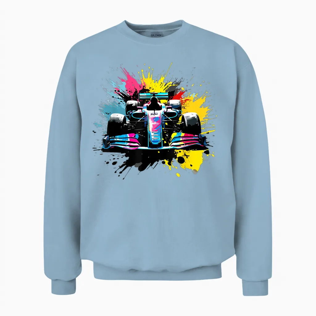 Colorful Racing Car Splash Art Racing Driver Unisex Sweatshirt in Light Blue