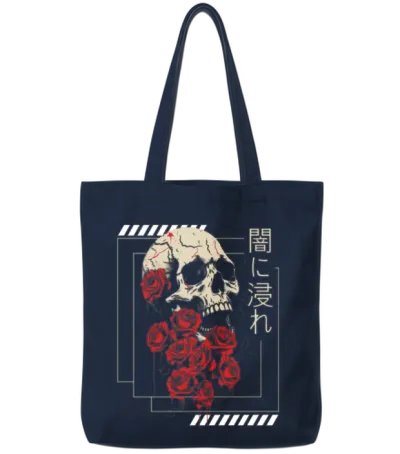Skull Grunge Aesthetic Roses Japanese Gothic Soft Tote Bags - Navy