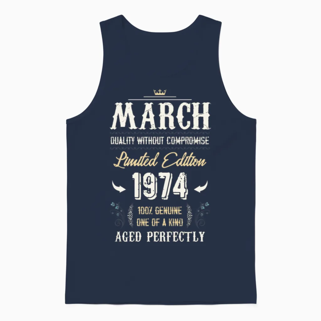 March 1974 Vintage Birthday Present Unisex Tank Top in Navy