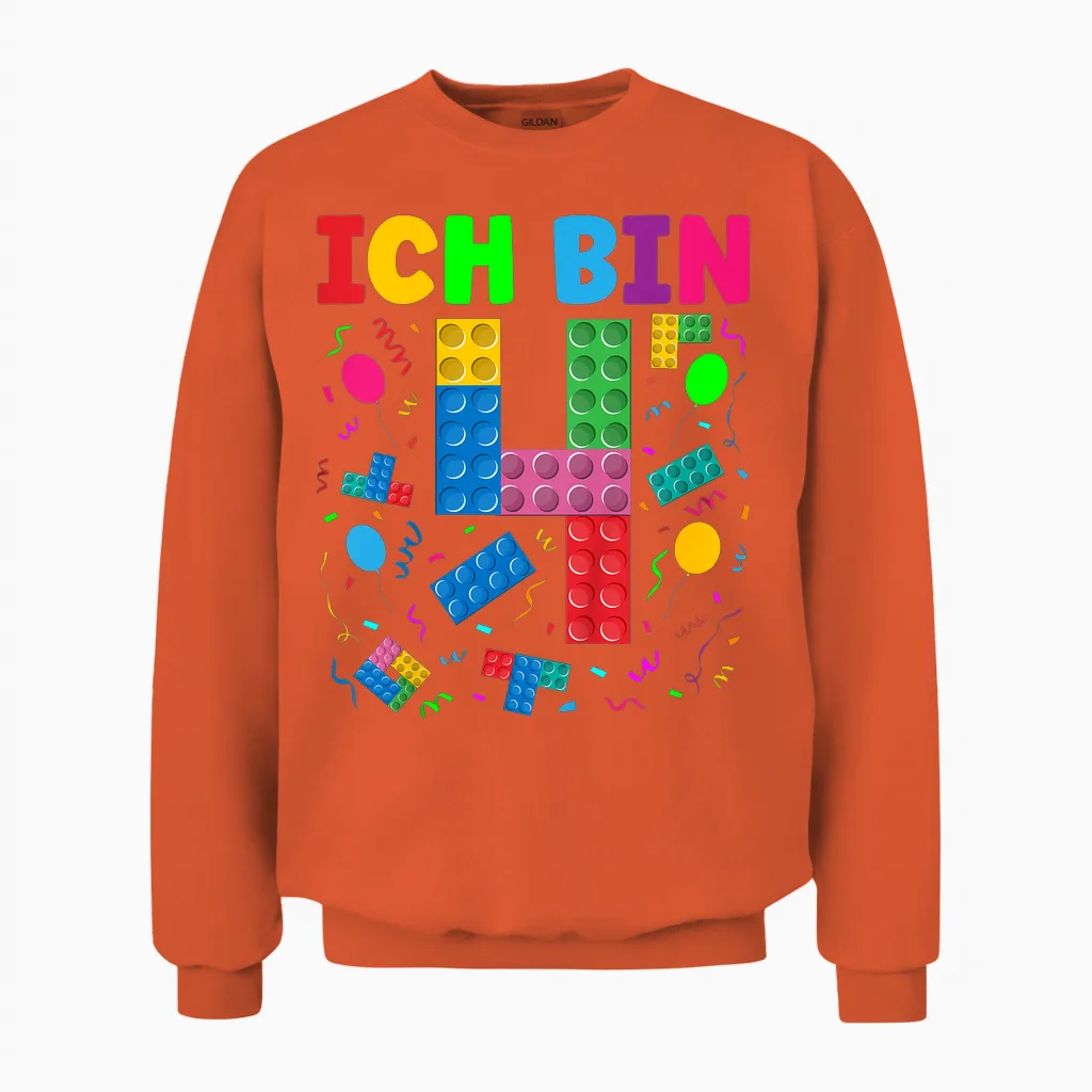 Children's T-Shirt with German Text "ich Bin 4 Building Blocks" 4th Birthday Boy Building Blocks, Black Unisex Sweatshirt in Orange