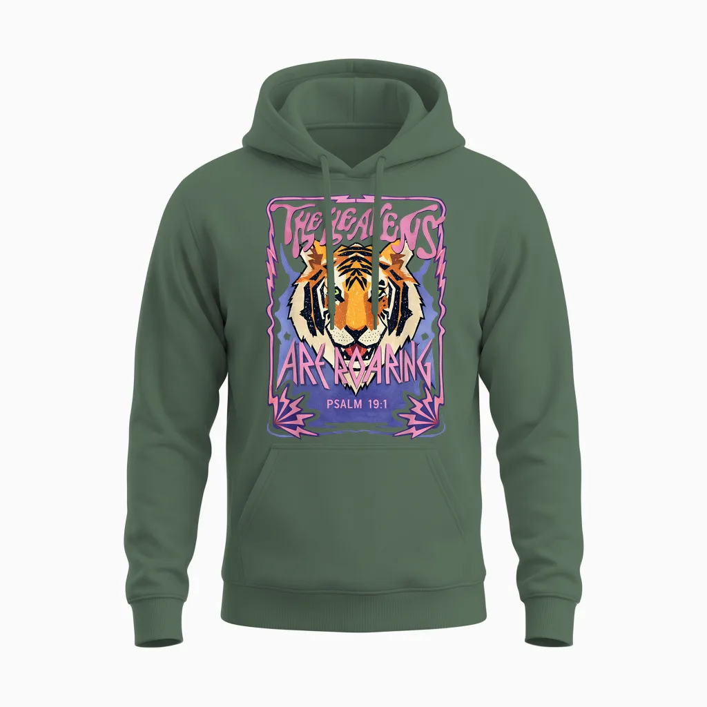 The Heavens Are Roaring Psalm 19 1 Tiger Unisex Hoodie in Military Green