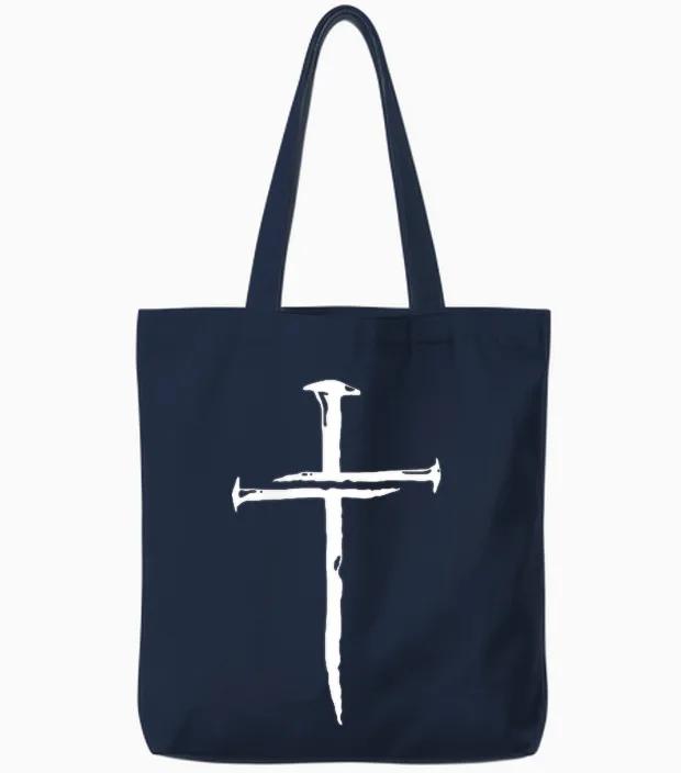 Modern Christian Faith Apparel Gifts Christian Minimalist Religious Jesus Christ Three Nails Cross Tote Bags in Navy