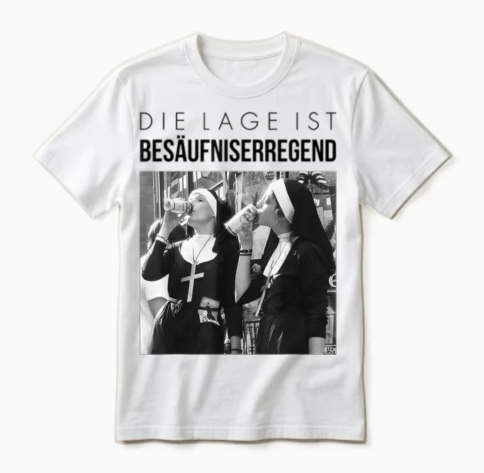 Fun T-Shirt with German Text "die Lage Ist Besäufniserregend". Nuns Drinking Beer, White Unisex T-Shirt in White