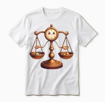 Vintage Balance Scale Illustration with Clock Face Unisex T-Shirt - White
