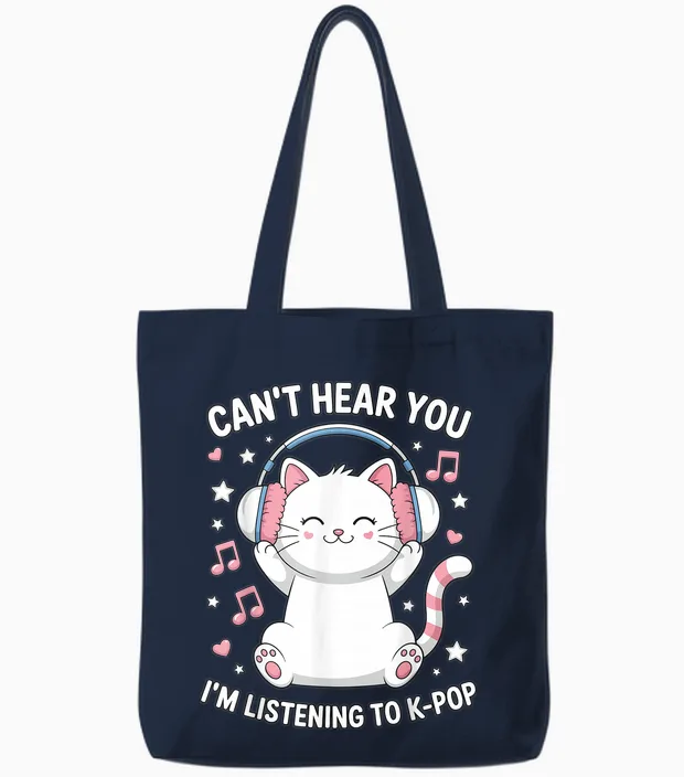 Can't Hear You I'm Listening to K-Pop Lover Cute Cat Kawaii Tote Bags in Navy