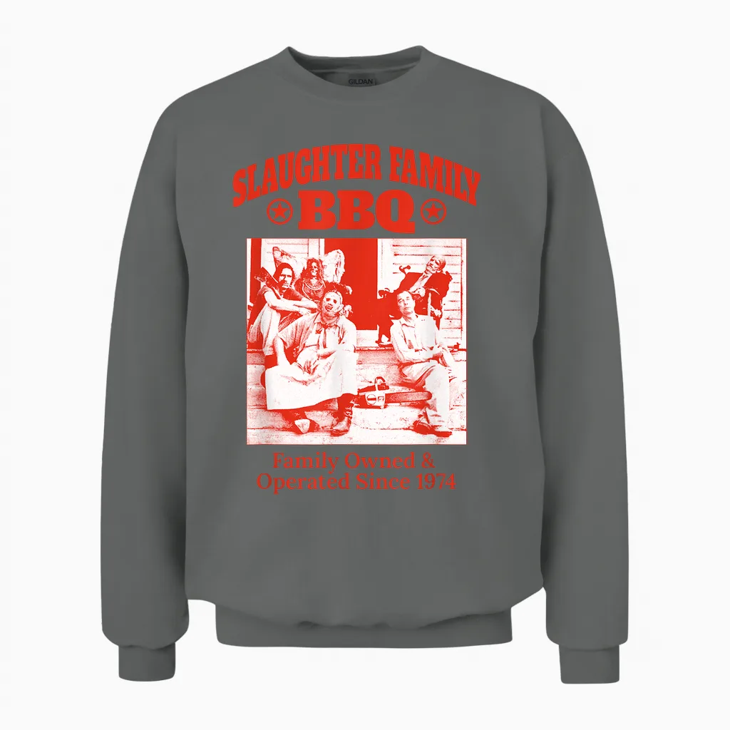 The Texas Chainsaw Massacre Front Back Slaughter Family Bbq Unisex Sweatshirt in Graphite Heather