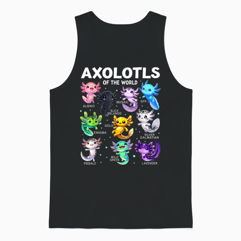Kawaii Axolotls of the World Graphic Tees Axolotl Animals Unisex Tank Top in Black