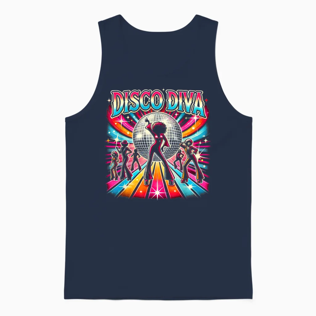 Ball Disco Diva Queen, 70s Retro Vintage Dancing T-Shirt, Black, S Unisex Tank Top in Navy