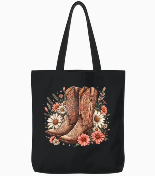 Cowgirl Boots Retro Western Country Concert Pink Boots Girl T-Shirt, Black, S Tote Bags in Black
