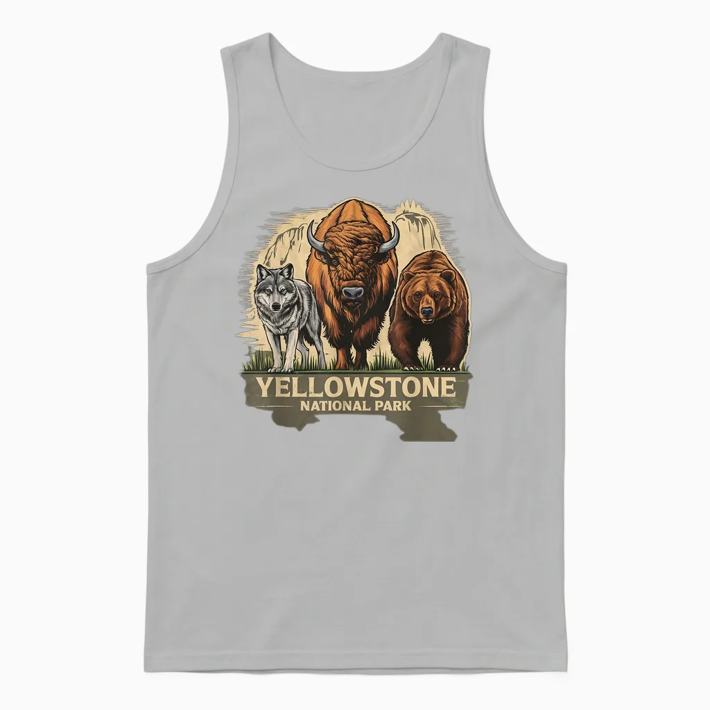 Yellowstone American National Park Wolf, Bison and Bear Vintage T-Shirt, Black, S Unisex Tank Top in Ash