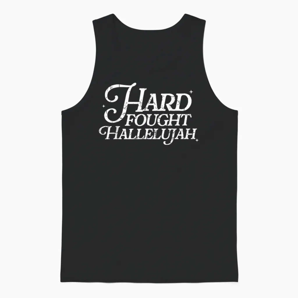 Retro Hard Fought Hallelujah Bible Verse Christian Jesus Unisex Tank Top in Black