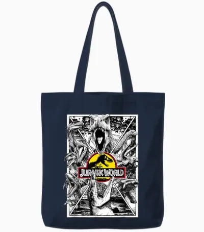 Portrait Jurassic World All Dinos X-Factor T-Shirt, Black, S Tote Bags - Navy