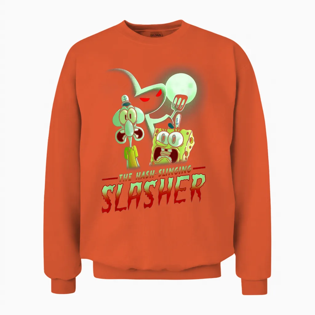 Spongebob Squarepants the Hash Slinging Slasher Spooky T-Shirt, Black Unisex Sweatshirt in Orange