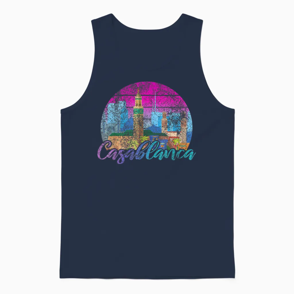 Vintage Casablanca Morocco Travel Retro Sunset Casablanca Unisex Tank Top in Navy