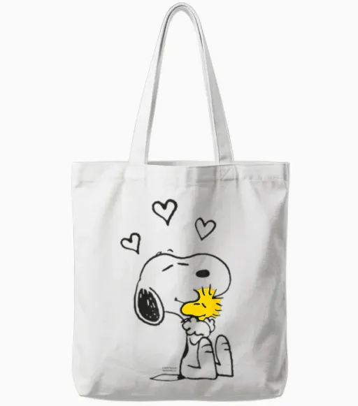 Peanuts - Snoopy Woodstock T-Shirt with German Text "ich Halte Dich Fest", Black, S Tote Bags in White
