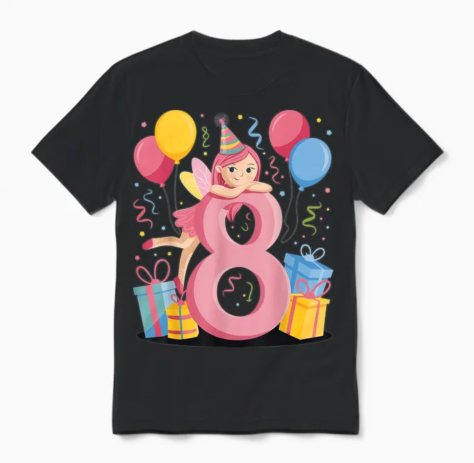 Fée 8e Anniversaire Garçon Fille 8 Ans Huitième Huit Fée Unisex T-Shirt in Black