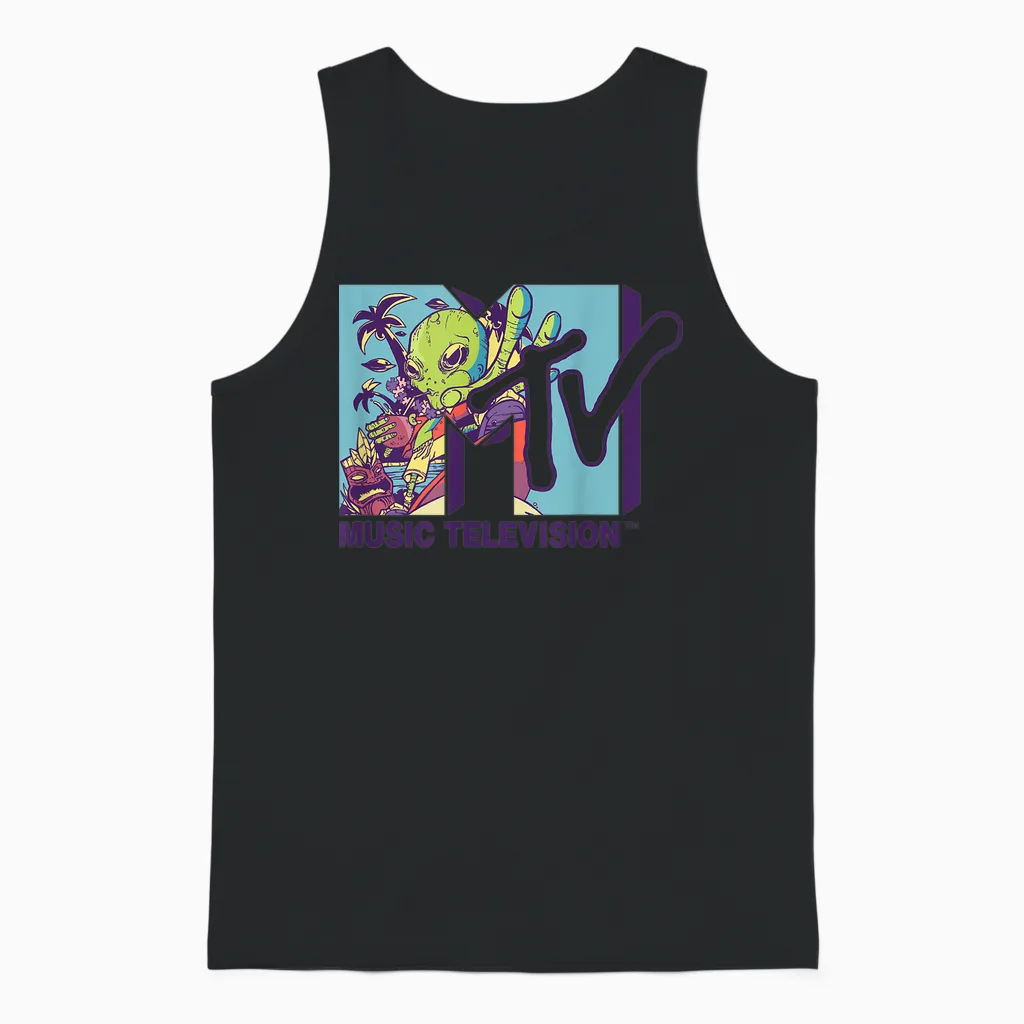 Mademark X Mtv - the Official Mtv Logo with an Alien Drinking Milk of Coconut Unisex Tank Top in Black