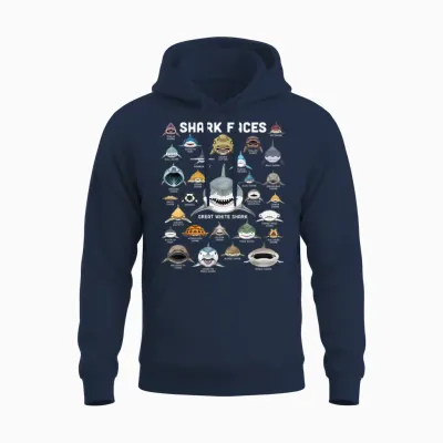 Shark Faces Shirt Shark Types Funny Biology Navy Shark T-Shirt, Black, S Unisex Hoodie - Navy