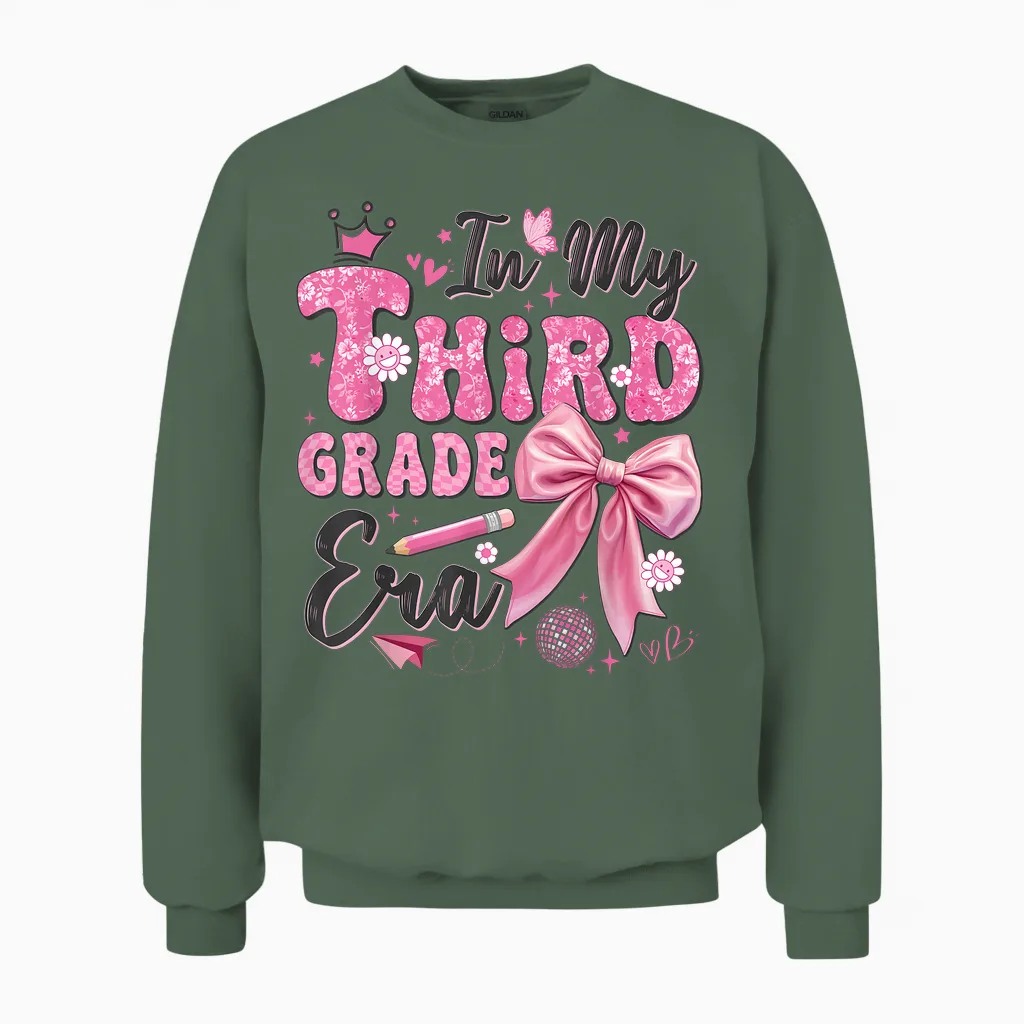 In My Third Grade Era Coquette Back to School Teacher Girl Unisex Sweatshirt in Military Green