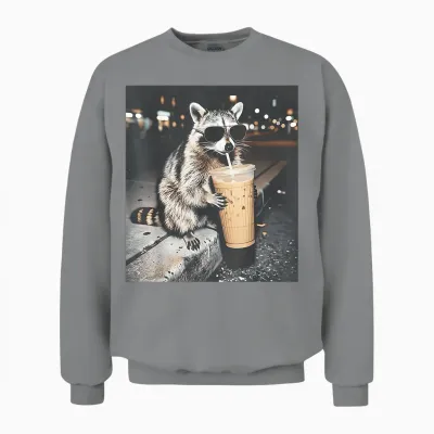 Raccoon Drinking Iced Coffee Funny Animal Meme Men Women Unisex Sweatshirt - Sport Grey
