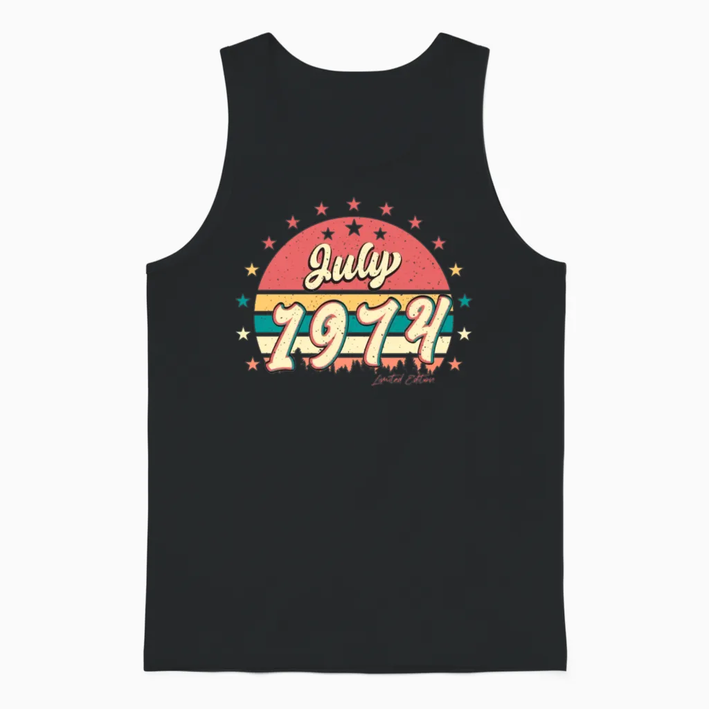 Vintage 1974 July Unisex Tank Top in Black
