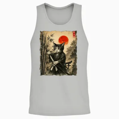 Samurai Cat Japanese Art Men Boys Funny Graphic Tee Anime Unisex Tank Top - Ash