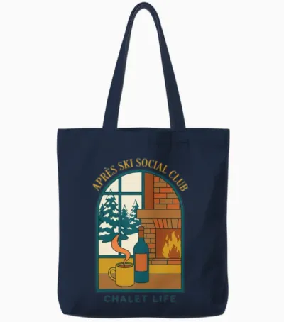 Après Ski Social Club Chalet Life - Cozy Fireplace Tote Bags - Navy