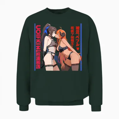 Sexy Anime Waifu Kissing Girls Horns, Japanese Manga Style T-Shirt, Black, S Unisex Sweatshirt - Forest